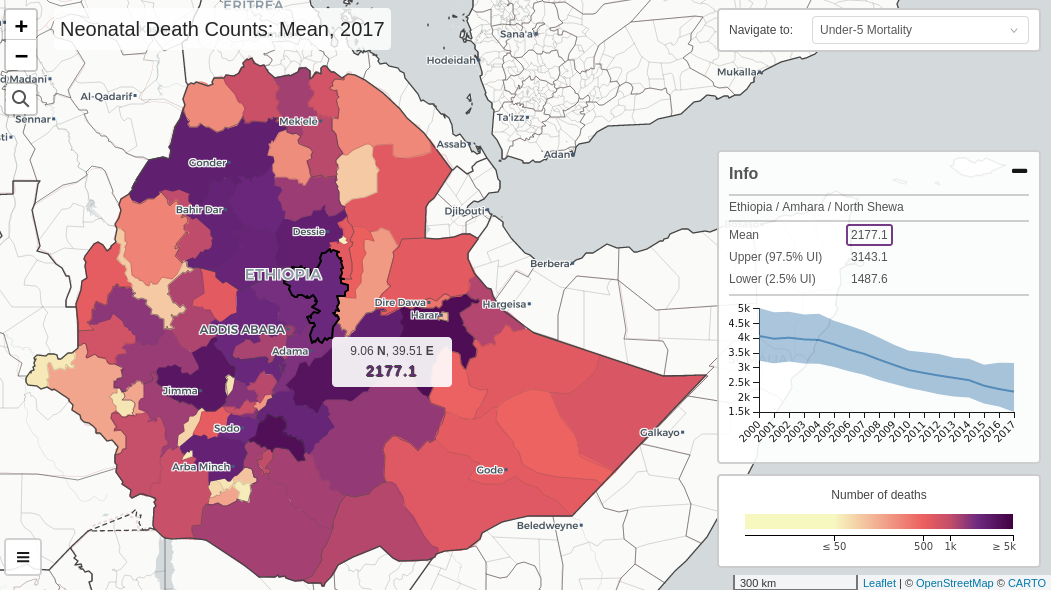 Interactive web map showing neonatal deaths across Ethiopia in 2017