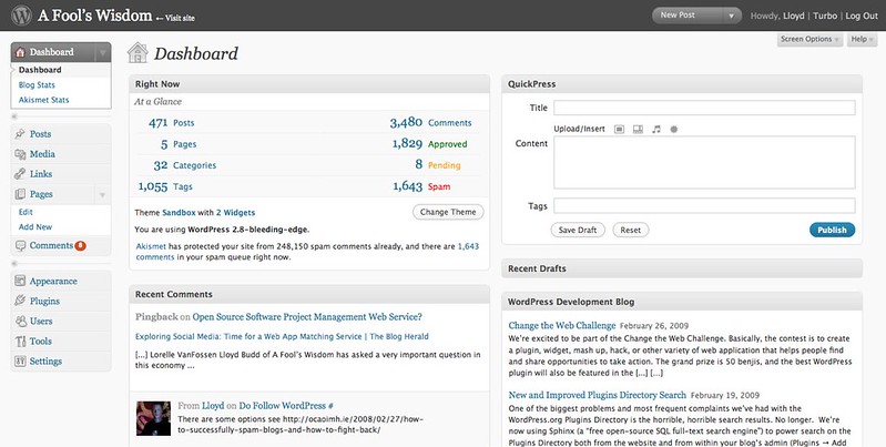 The Wordpress admin dashboard. Shared from Flickr, licence CC-BY-2.0
