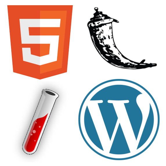 Logos for HTML, Wordpress, Flask, Jekyll