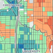 Walking travel time to services across the Greenlake, Ravenna, and University District neighborhoods