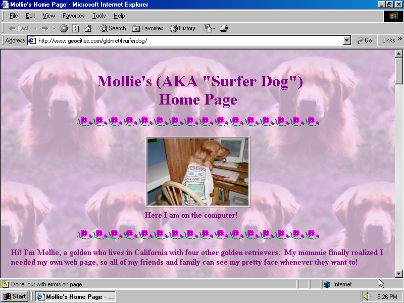 A screenshot from a restored Geocities page for Mollie the golden retriever, where Mollie speaks in the first person. The background is a tiled, pink-tinted glamor shot of Mollie.